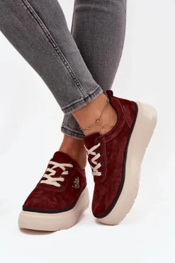 Zamszowe Półbuty Damskie Na Platformie Z Przypinką Vinceza 41495 Bordowe