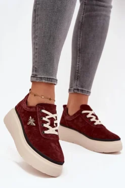 Zamszowe Półbuty Damskie Na Platformie Z Przypinką Vinceza 41495 Bordowe