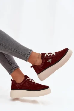 Zamszowe Półbuty Damskie Na Platformie Z Przypinką Vinceza 41495 Bordowe