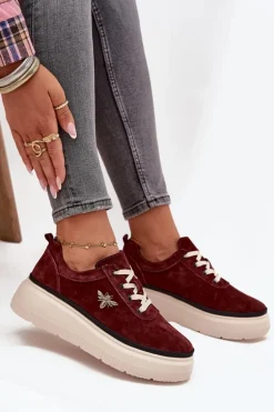 Zamszowe Półbuty Damskie Na Platformie Z Przypinką Vinceza 41495 Bordowe