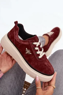 Zamszowe Półbuty Damskie Na Platformie Z Przypinką Vinceza 41495 Bordowe