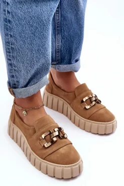 Zamszowe Półbuty Damskie Na Platformie Z Ozdobą Ciemnobeżowe Lewski 3398
