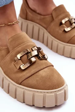 Zamszowe Półbuty Damskie Na Platformie Z Ozdobą Ciemnobeżowe Lewski 3398