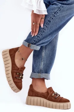 Zamszowe Półbuty Damskie Na Platformie Z Ozdobą Brązowe Lewski 3398