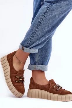 Zamszowe Półbuty Damskie Na Platformie Z Ozdobą Brązowe Lewski 3398