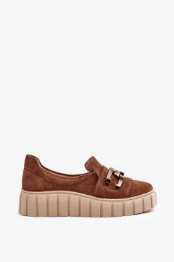 Zamszowe Półbuty Damskie Na Platformie Z Ozdobą Brązowe Lewski 3398