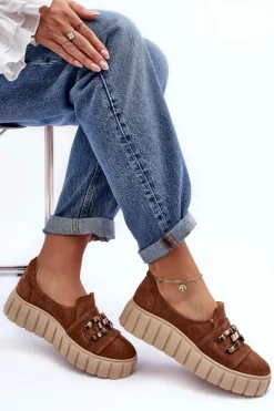 Zamszowe Półbuty Damskie Na Platformie Z Ozdobą Brązowe Lewski 3398