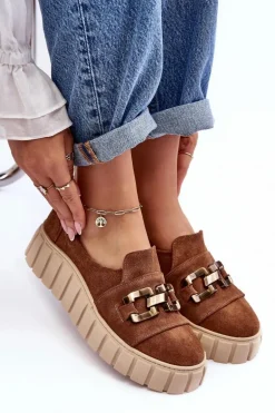 Zamszowe Półbuty Damskie Na Platformie Z Ozdobą Brązowe Lewski 3398