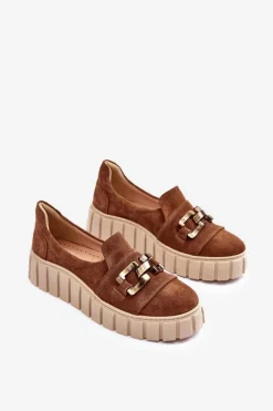 Zamszowe Półbuty Damskie Na Platformie Z Ozdobą Brązowe Lewski 3398