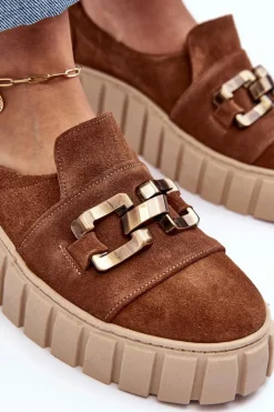 Zamszowe Półbuty Damskie Na Platformie Z Ozdobą Brązowe Lewski 3398