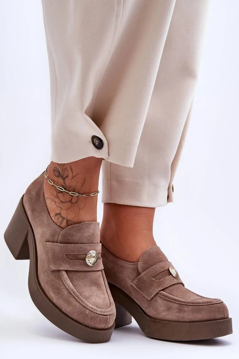 Zamszowe Półbuty Damskie Na Słupku Beżowe Lemar Dunadia