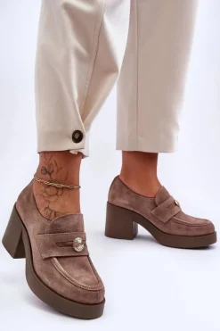 Zamszowe Półbuty Damskie Na Słupku Beżowe Lemar Dunadia