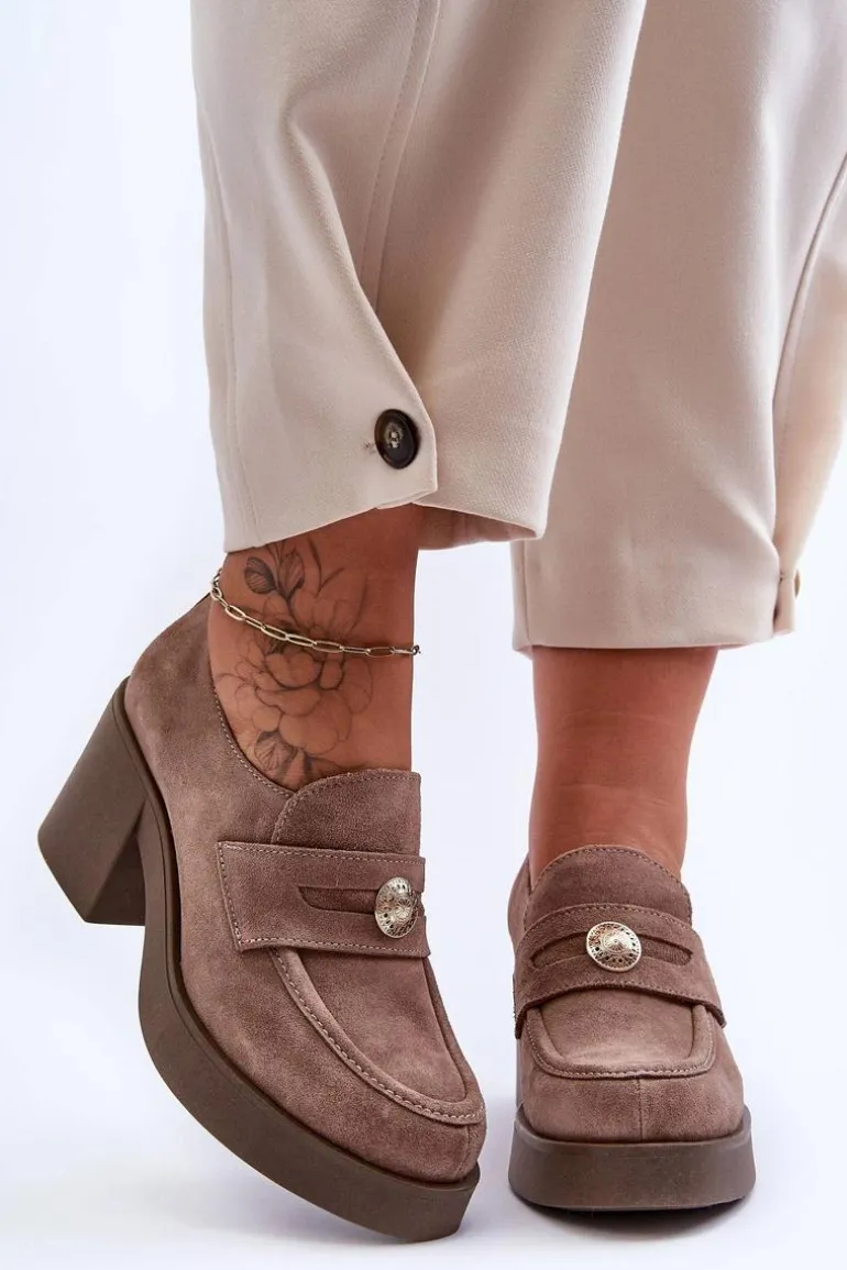 Zamszowe Półbuty Damskie Na Słupku Beżowe Lemar Dunadia