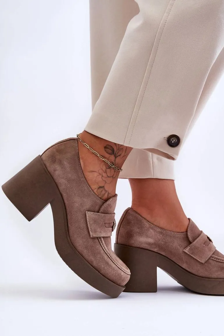 Zamszowe Półbuty Damskie Na Słupku Beżowe Lemar Dunadia