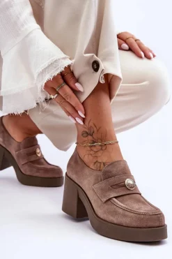 Zamszowe Półbuty Damskie Na Słupku Beżowe Lemar Dunadia