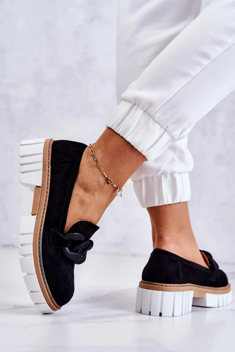 Zamszowe Półbuty Loafery Z Ozdobą Czarne Talisa