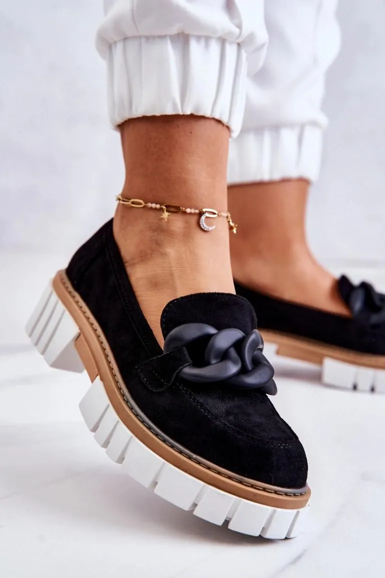 Zamszowe Półbuty Loafery Z Ozdobą Czarne Talisa