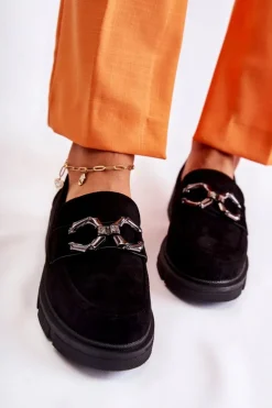 Zamszowe Półbuty Loafery Z Ozdobą Czarne Janissa