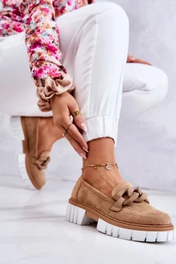 Zamszowe Półbuty Loafery Z Ozdobą Ciemnobeżowe Talisa