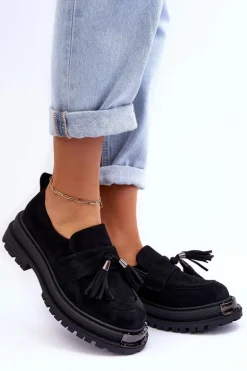 Zamszowe Półbuty Mokasyny Damskie Czarne Ramvli