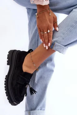 Zamszowe Półbuty Mokasyny Damskie Czarne Ramvli