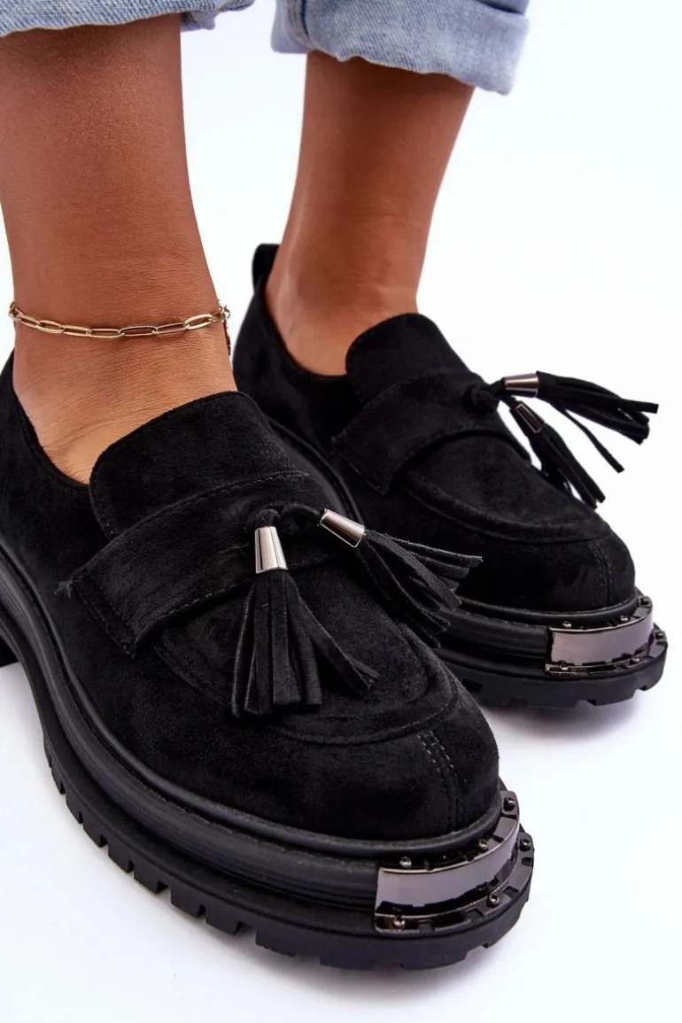 Zamszowe Półbuty Mokasyny Damskie Czarne Ramvli