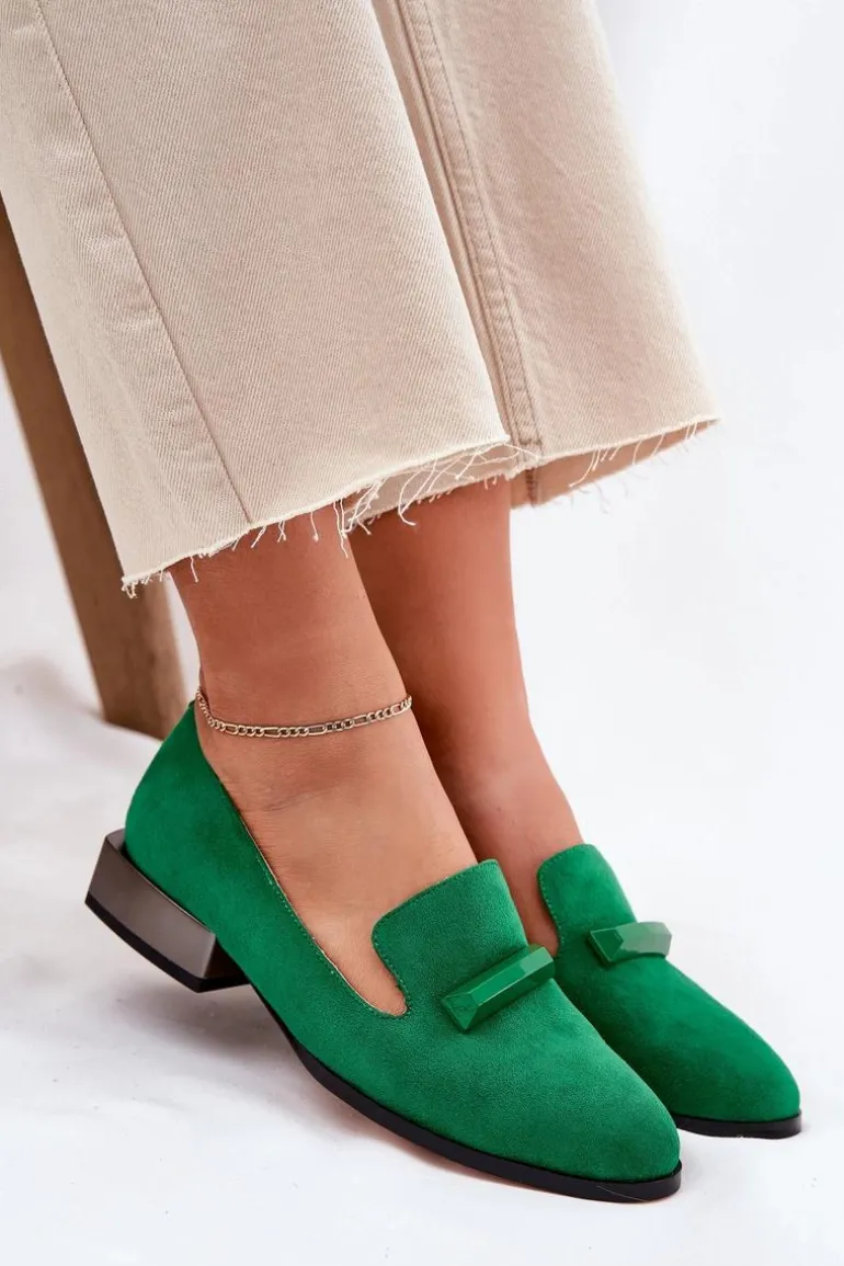 Zamszowe Półbuty Mokasyny Damskie Z Ozdobą D&A LZ51-505 Zielone