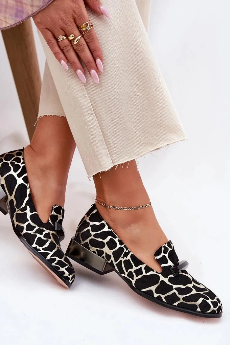 Zamszowe Półbuty Mokasyny Damskie Z Ozdobą D&A LZ51-505 Czarno-Złote