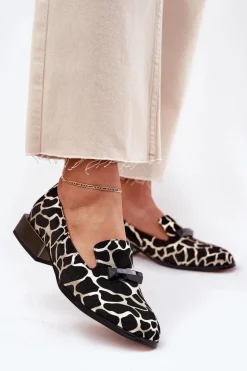 Zamszowe Półbuty Mokasyny Damskie Z Ozdobą D&A LZ51-505 Czarno-Złote