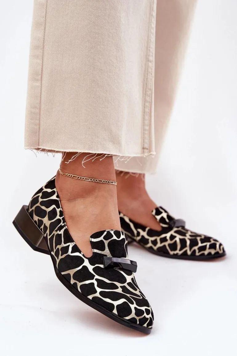 Zamszowe Półbuty Mokasyny Damskie Z Ozdobą D&A LZ51-505 Czarno-Złote