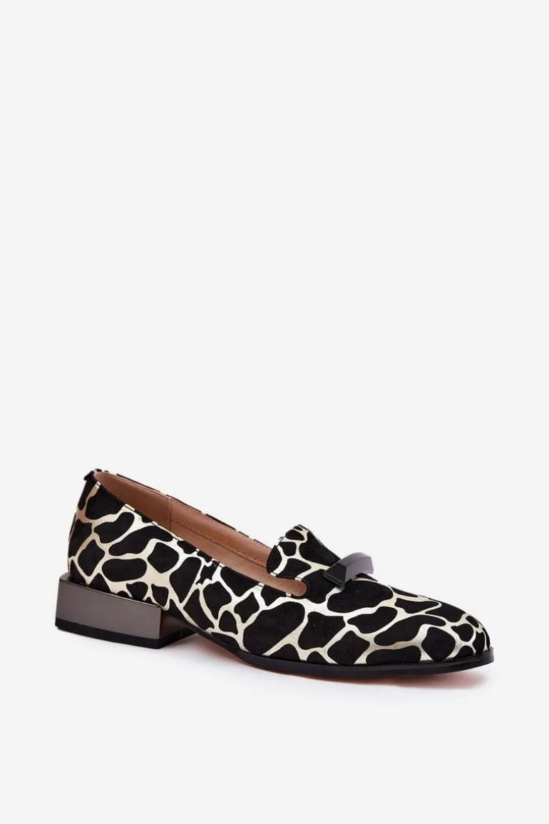 Zamszowe Półbuty Mokasyny Damskie Z Ozdobą D&A LZ51-505 Czarno-Złote