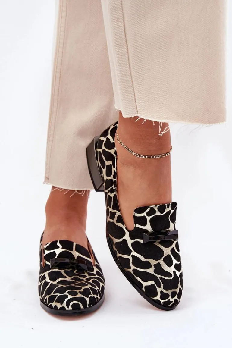 Zamszowe Półbuty Mokasyny Damskie Z Ozdobą D&A LZ51-505 Czarno-Złote