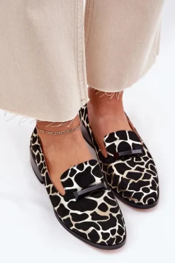 Zamszowe Półbuty Mokasyny Damskie Z Ozdobą D&A LZ51-505 Czarno-Złote