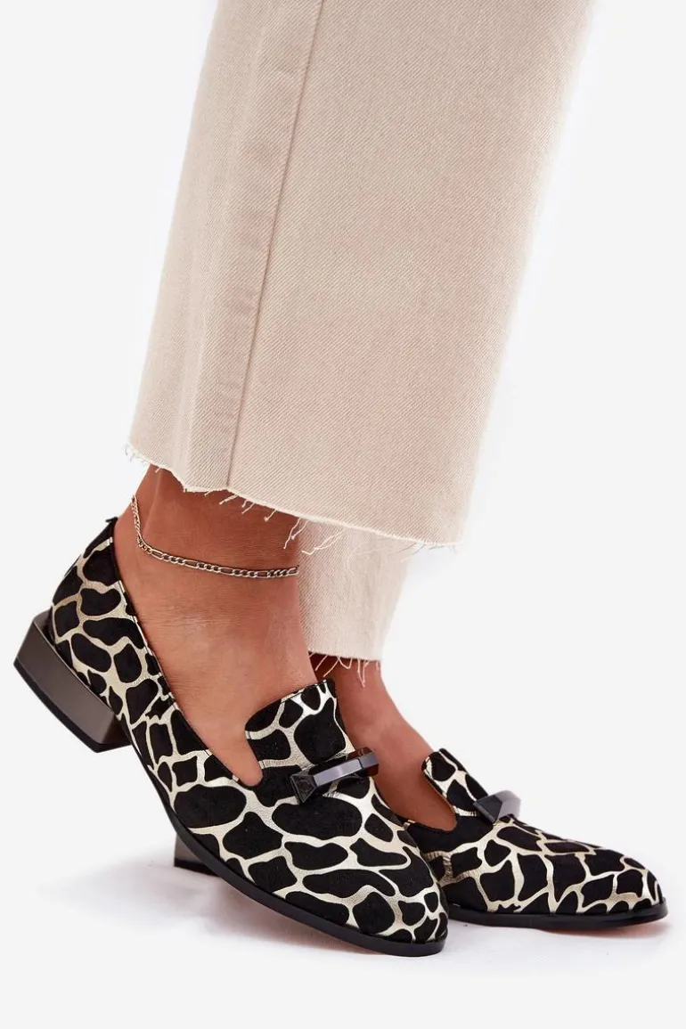 Zamszowe Półbuty Mokasyny Damskie Z Ozdobą D&A LZ51-505 Czarno-Złote