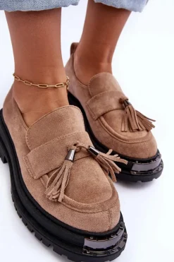 Zamszowe Półbuty Mokasyny Damskie Beżowe Ramvli