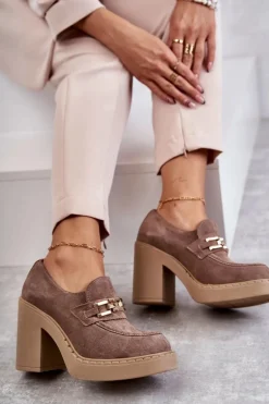 Zamszowe Półbuty Na Masywnym Słupku Beżowe Lemar Jaime