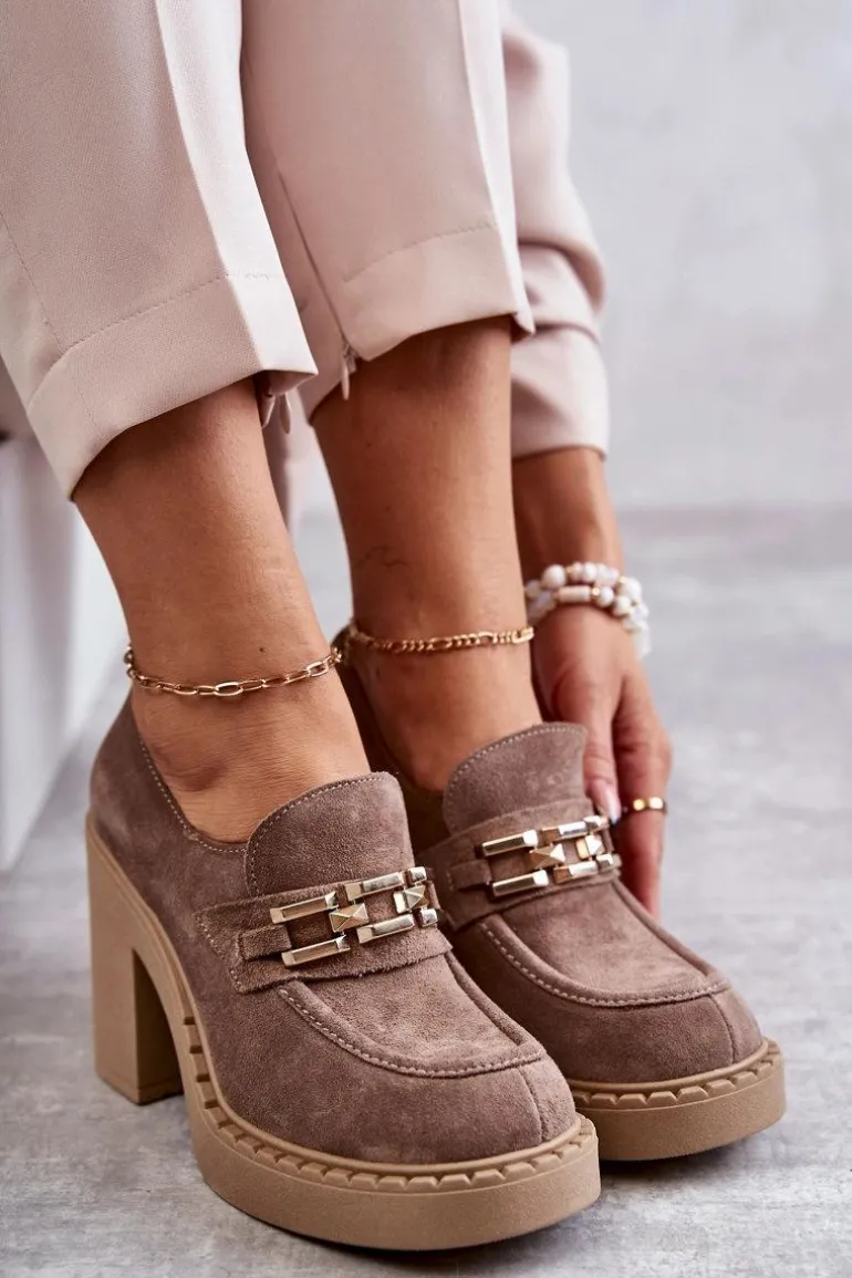 Zamszowe Półbuty Na Masywnym Słupku Beżowe Lemar Jaime