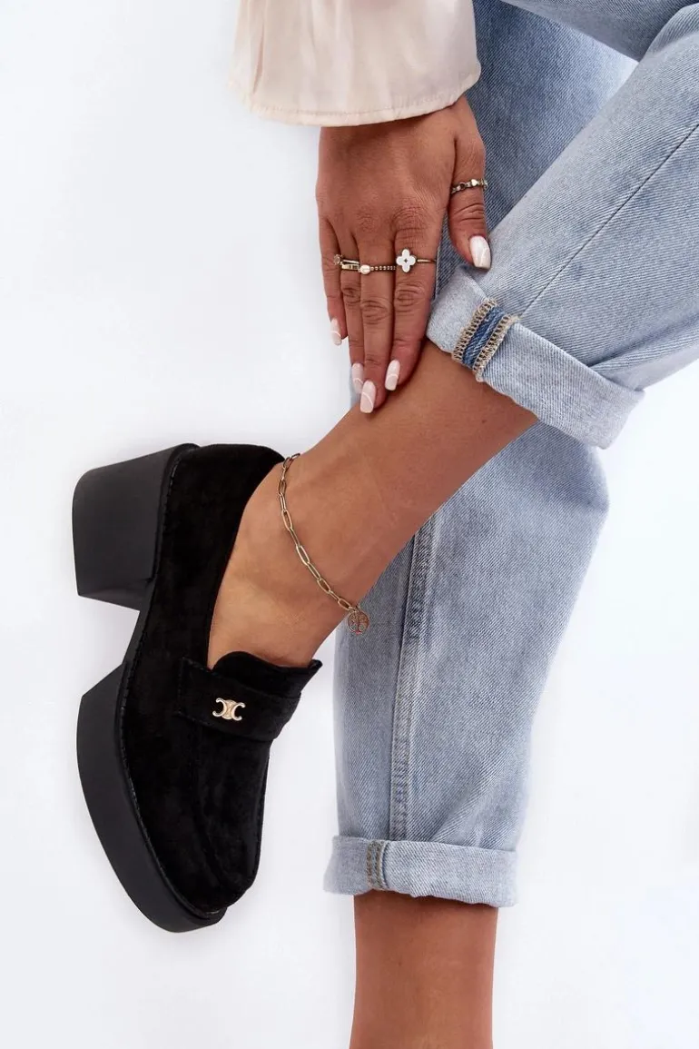 Zamszowe Półbuty Na Obcasie Damskie Czarne Afnira