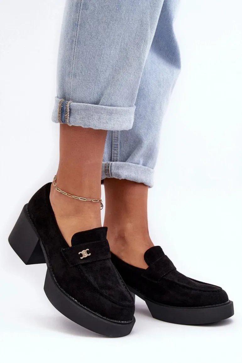 Zamszowe Półbuty Na Obcasie Damskie Czarne Afnira