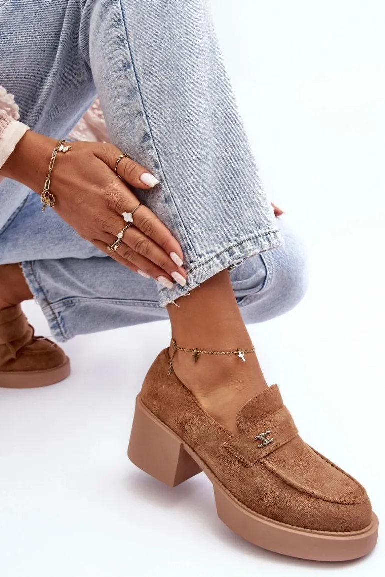 Zamszowe Półbuty Na Obcasie Damskie Ciemnobeżowe Afnira