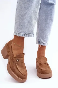 Zamszowe Półbuty Na Obcasie Damskie Ciemnobeżowe Afnira