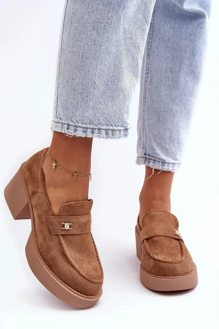 Zamszowe Półbuty Na Obcasie Damskie Ciemnobeżowe Afnira