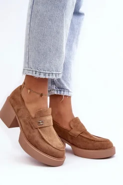 Zamszowe Półbuty Na Obcasie Damskie Ciemnobeżowe Afnira