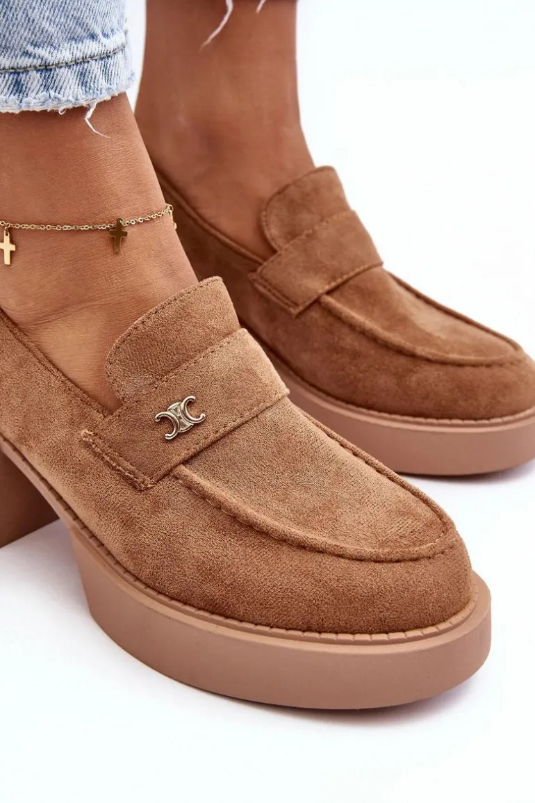 Zamszowe Półbuty Na Obcasie Damskie Ciemnobeżowe Afnira