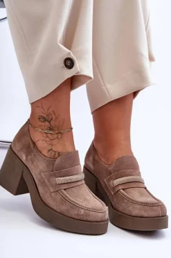 Zamszowe Półbuty Na Słupku Z Ozdobą Beżowe Lemar Gelanor