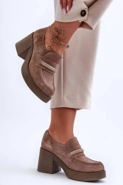 Zamszowe Półbuty Na Słupku Z Ozdobą Beżowe Lemar Gelanor