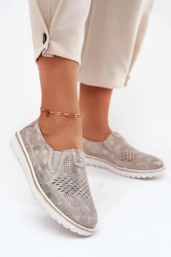 Zamszowe Półbuty Wsuwane Beżowo-Złote Inez