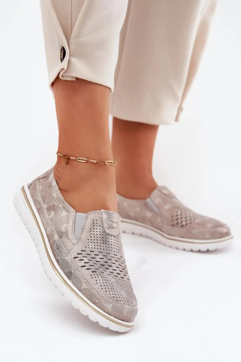 Zamszowe Półbuty Wsuwane Beżowo-Złote Inez