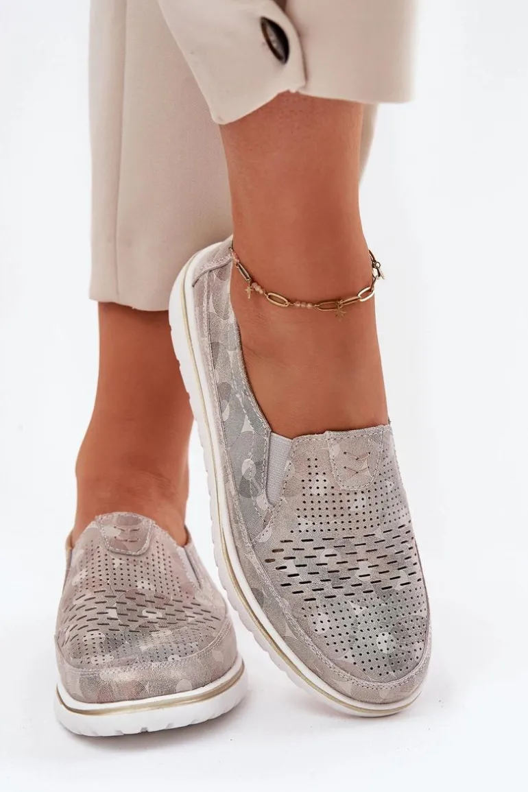 Zamszowe Półbuty Wsuwane Beżowo-Złote Inez