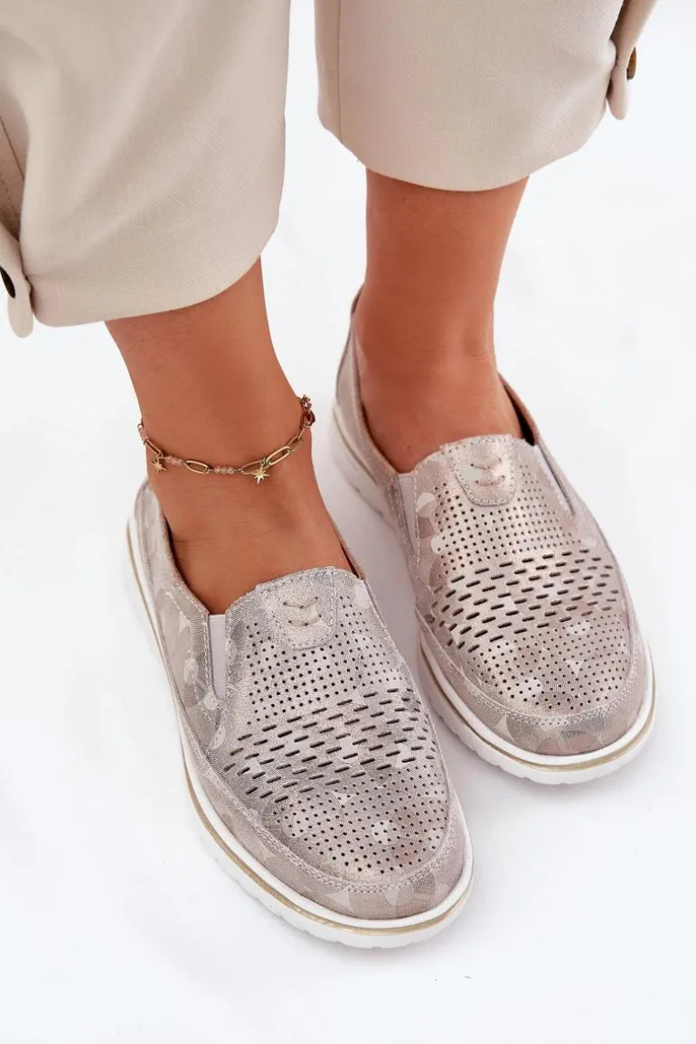 Zamszowe Półbuty Wsuwane Beżowo-Złote Inez